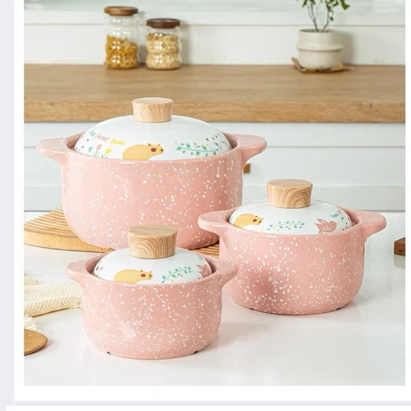 Ceramic Casserole Korean Cartoon Ceramics Soup Pot Cute Pink Saucepan Cookware Utensils Clay Pan Home Kitchen Cooking Supplies