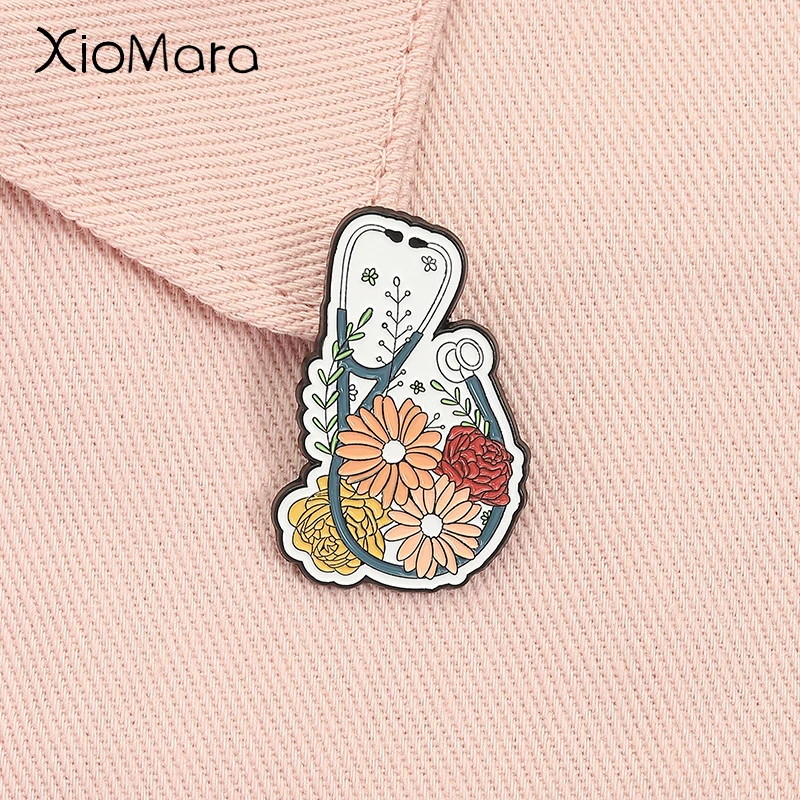 Floral Stethoscope Enamel Pin Doctor Nurse, Medical Equipment Brooch Brooch Lapel Backpack Badge Fashion Jewelry Gift for Friend