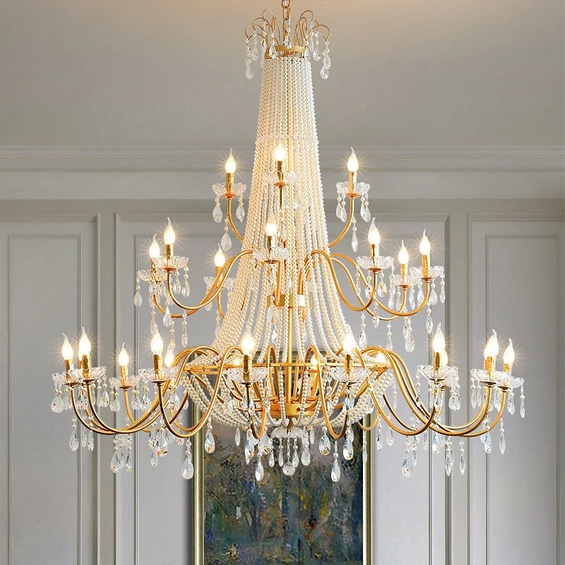 French Candle E14 Chandelier Villa Stairs Pearl Crystal Led Pendant Lights Hotel Art Decor Suspend Light Led Luminarias