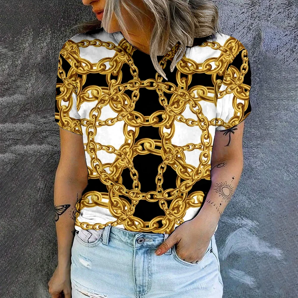 Women\'s T-Shirt Retro Gold Necklace Printing T-Shirt Fashion Popular Clothes Oversized T-Shirt Summer Women\'s Round Neck T-shirt