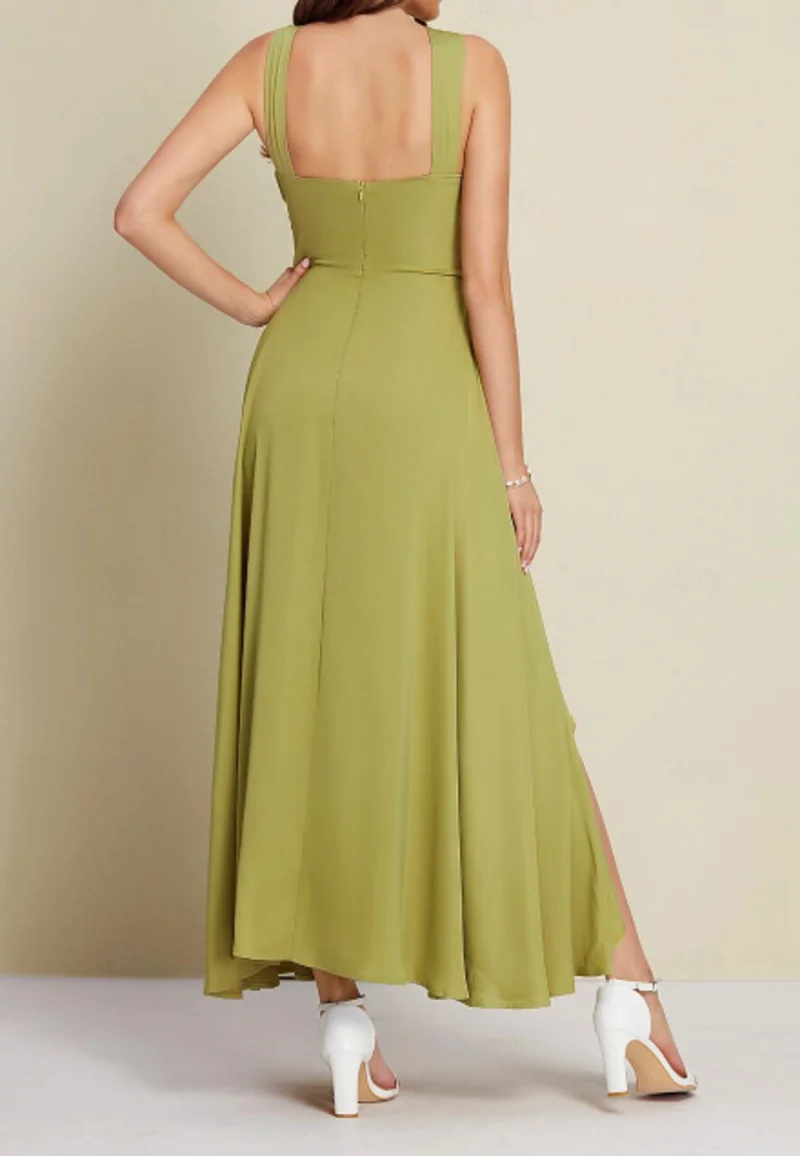 Vestido de cóctel para invitados de boda, fiesta, verde militar, satén, verde, cuello halter, abertura frontal, volantes asimétricos recortados