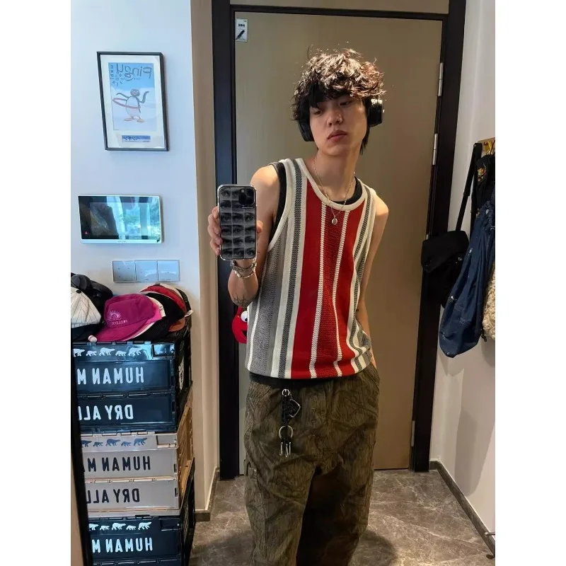 

Juspinice American Retro Contrast Striped Knitted Vest for Men and Women Summer O-neck Sleeveless Loose Casual Fashionable Tees