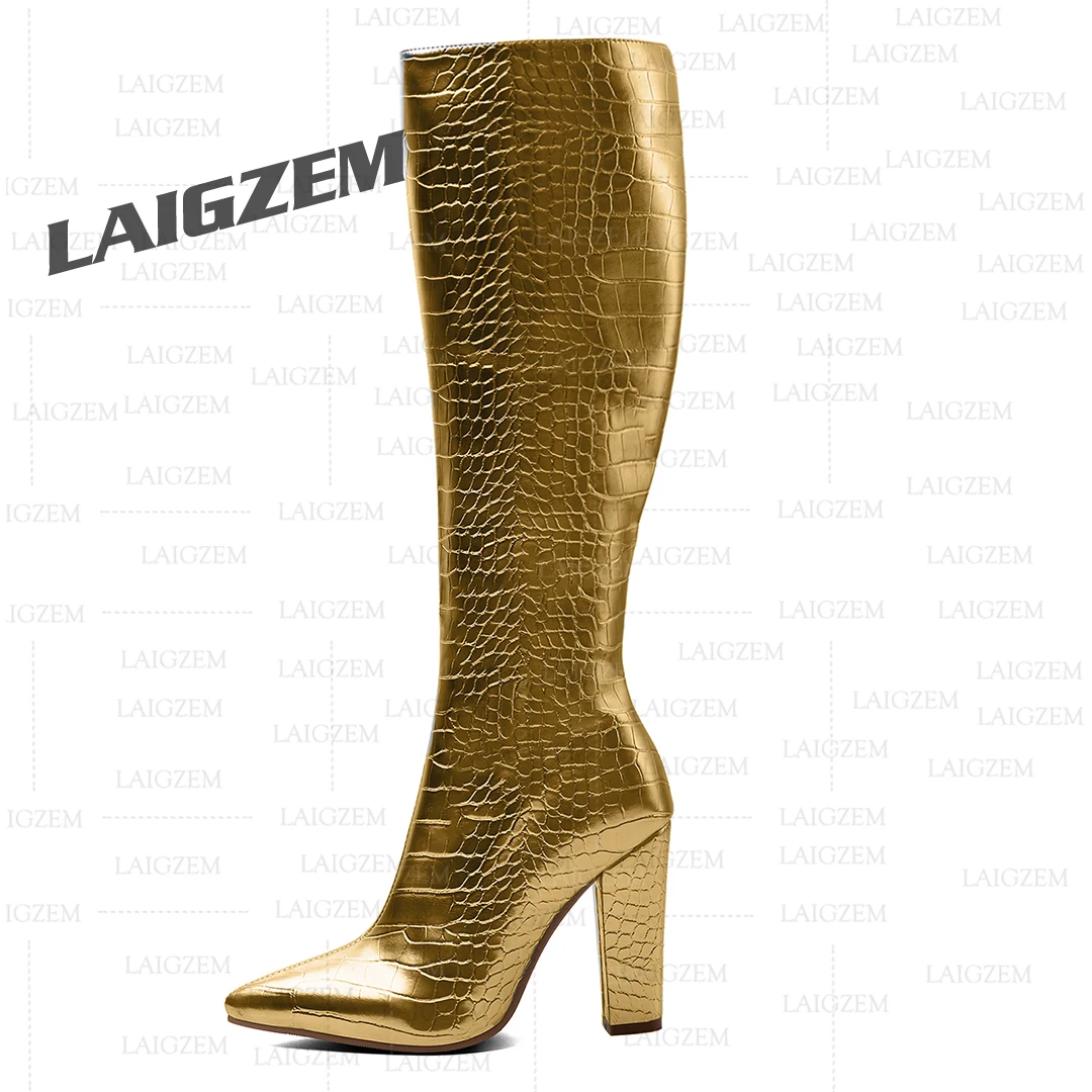LAIGZEM Women Knee High Boots Crocodile Print Pointed Toe Thick High Heels Boots Handmade Shoes Woman Large Size 39 42 44 47