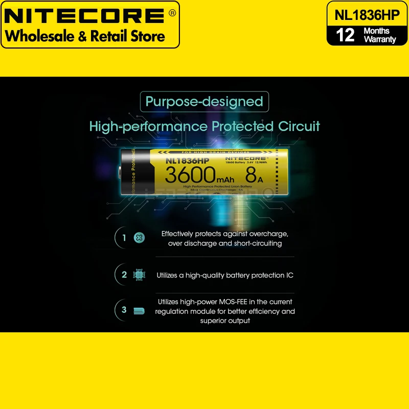 High Performance NITECORE NL1836HP 3600mAh 8A Protected Rechargeable Li-ion Battery 18650 by CE certified