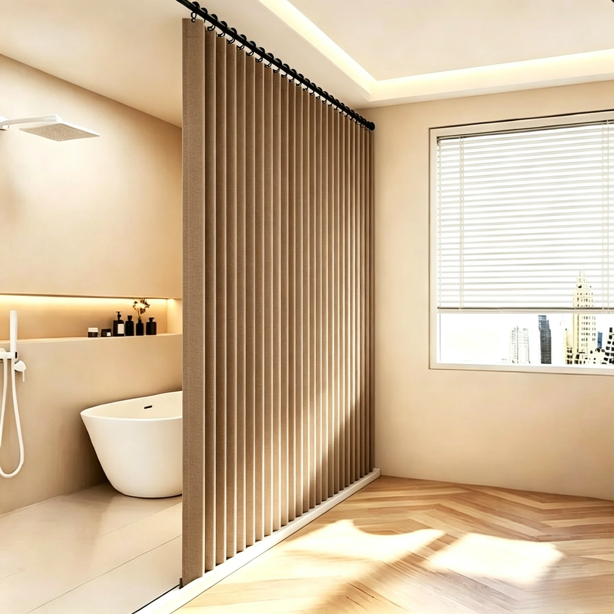 Laminated Imitation Linen Multi-color Large Ring Waterproof Strong Thick Cloth Opaque Shower Curtain, Suitable for Bathroom Use