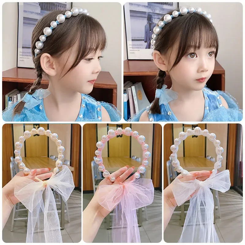 Fench Style Baby Sweet Princess Children's Pearls Birthday Party Headband Hair Hairpin kids' Streamer Hair Accessories