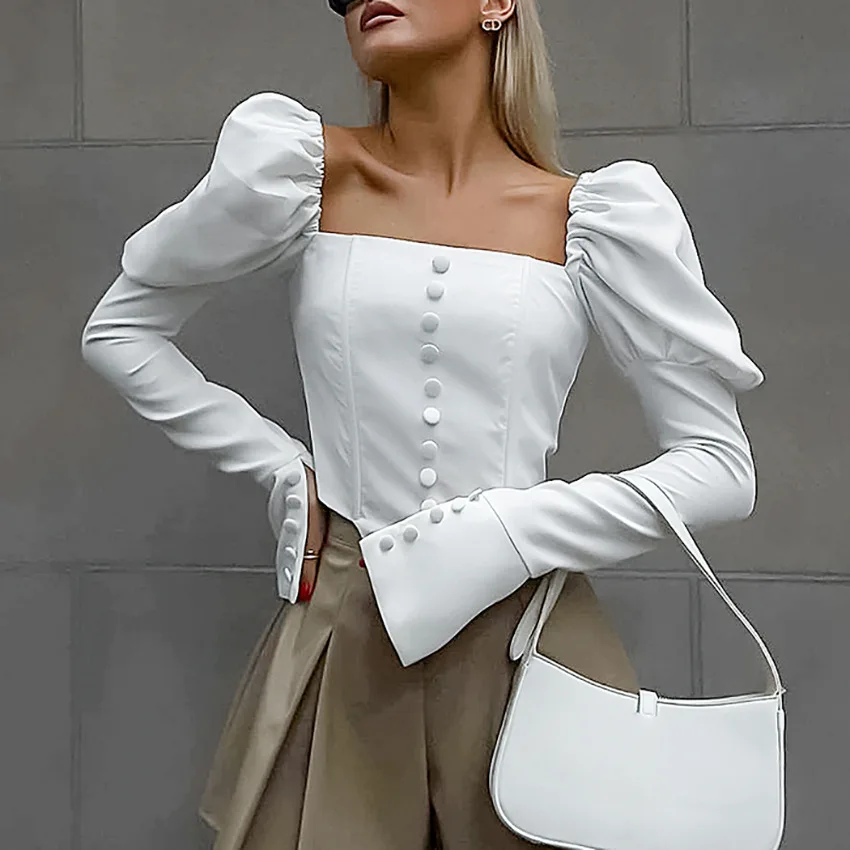 

2025 Autumn Fashion White Square Neck Top Temperament Short Bubble Sleeve Shirt Women's Wear