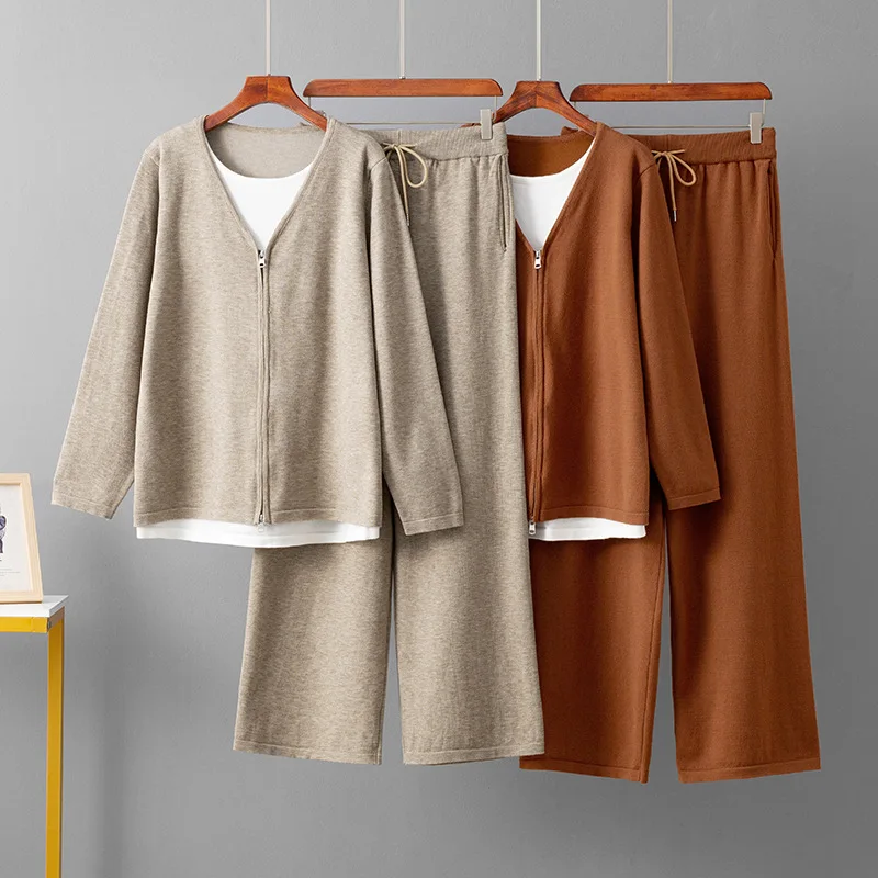 

Осенний новый брючный костюм, модный вязаный свитер из двух предметов, топы, широкие брюки на шнурке, повседневный спортивный женский комплект из двух предметов