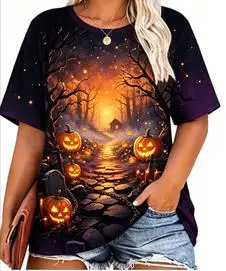 Women Halloween Pumpkin Lantern Forest Graveyard Print Ringer T‑Shirt Spooky Night Scene O‑Neck Short Sleeve Casual Party Tops