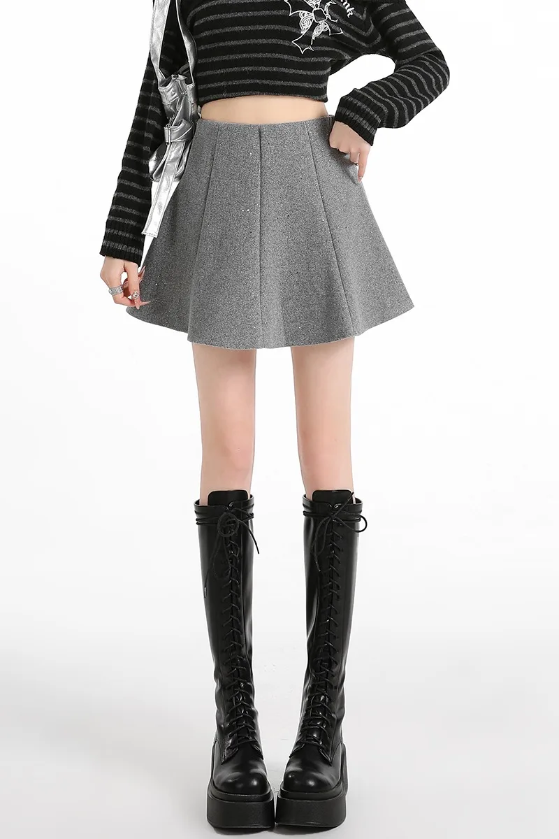 Y2K تنورة صوفية نسائية مطرزة ميدي عالية الخصر مطوي رقيق ألف خط تنورة قصيرة الخريف الشتاء