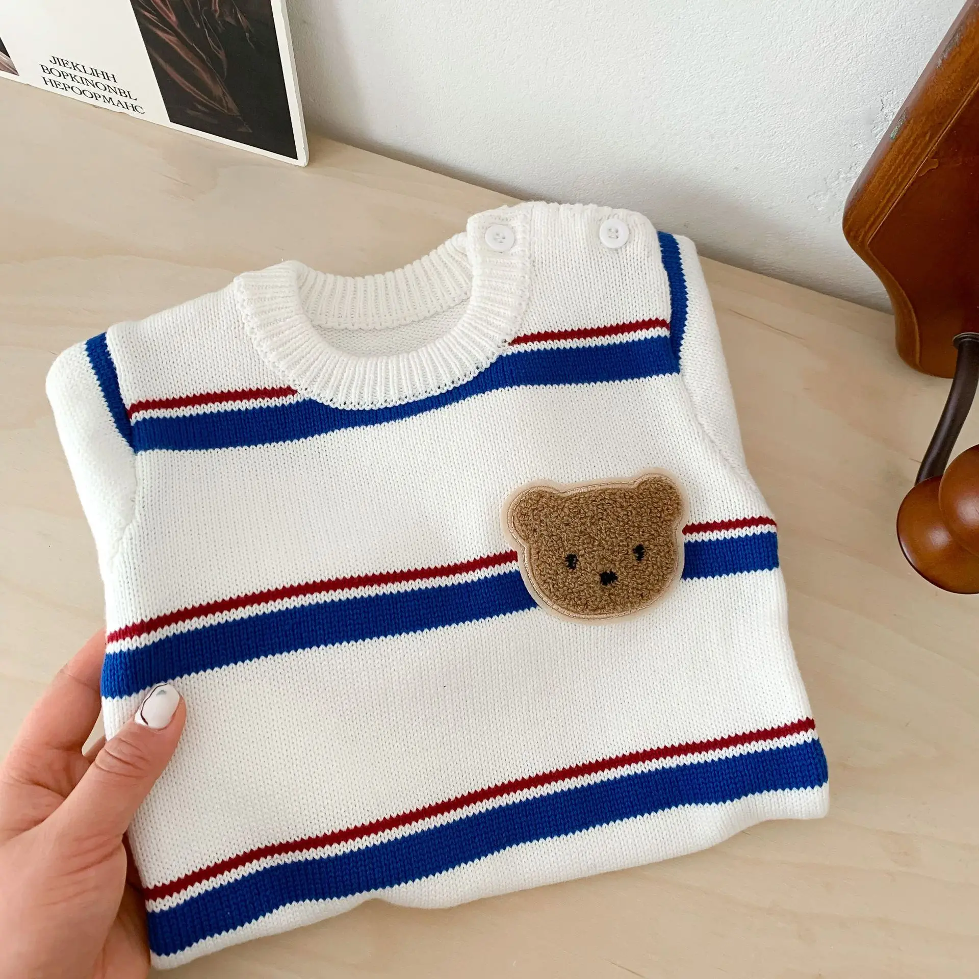 2024 Ins Korean Spring Autumn Infant Boys Bodysuit Long Sleeve Knitted Sweater Striped Romper Simple Pullover Baby Boys Jumpsuit