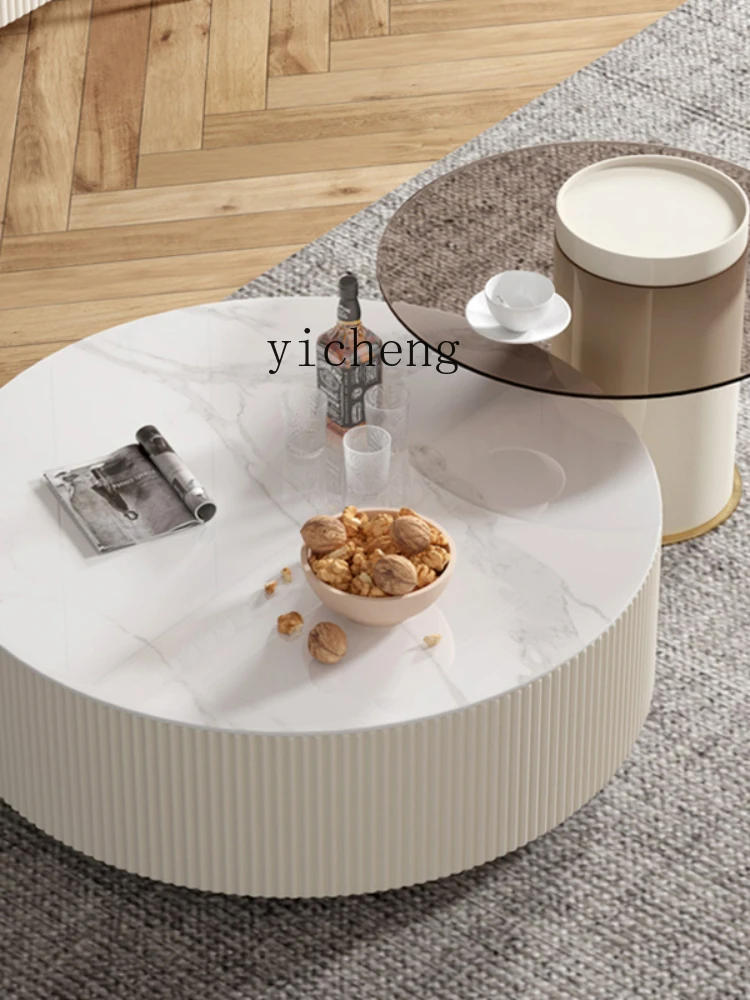 XL Stone Plate Retractable Coffee Table TV Cabinet Combination round Tassel Glass Tea Table Floor Cabinet