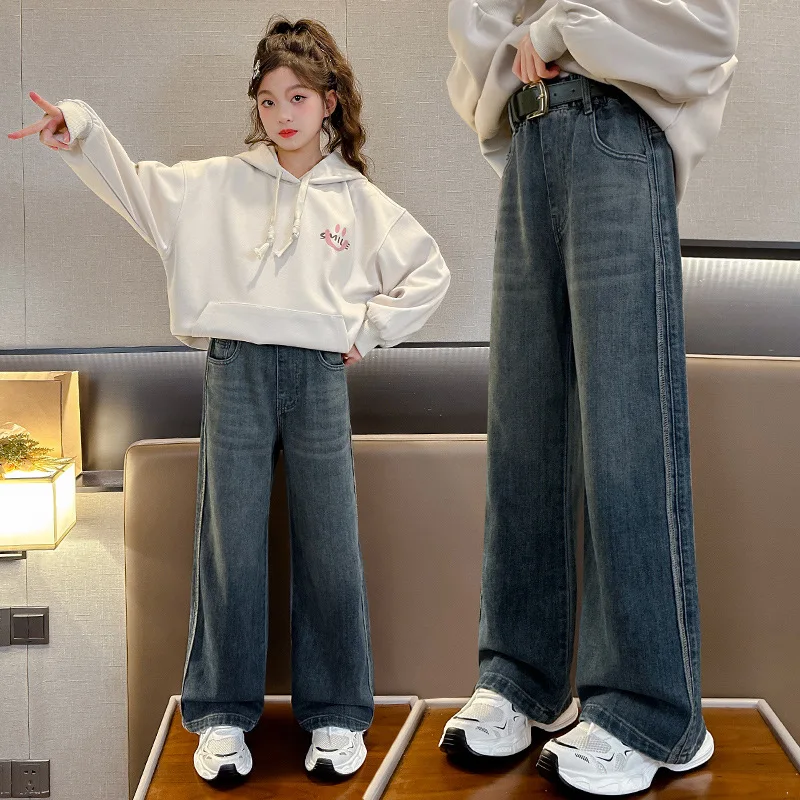 

Винтажные синие детские прямые джинсы с высокой талией для девочек, брюки простого стиля, детские повседневные весенне-осенние джинсовые брюки, От 5 до 14 лет