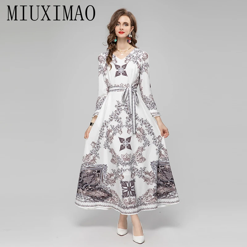 

MIUXIMAO 2023 Fall Dress Full Sleeve Flower Print Retro Elegant Casual Blue Vestidos Beach Dresses Belt Long Dresses for Women