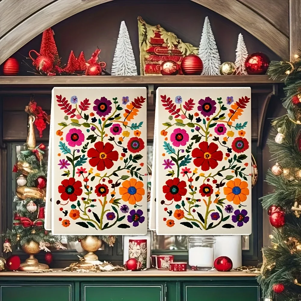 2 high saturation 2D flat print kitchen towels, Mexican style floral pattern kitchen cloth, holiday tea towel