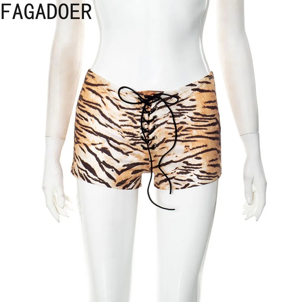 FAGADOER Summer New 2025 Sexy Tiger Print Mini Shorts Women American Hot Girl Bandage Patchwork Skinny Shorts Streetwear Bottoms