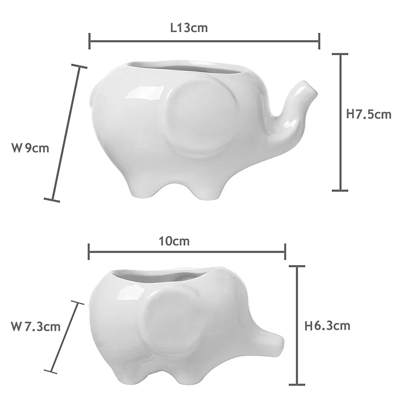 Set of 2 pieces White Ceramic Elephant Succulent Planters, Cute Animal Flowerpot with Tray for Home Decor Desktop Ornament