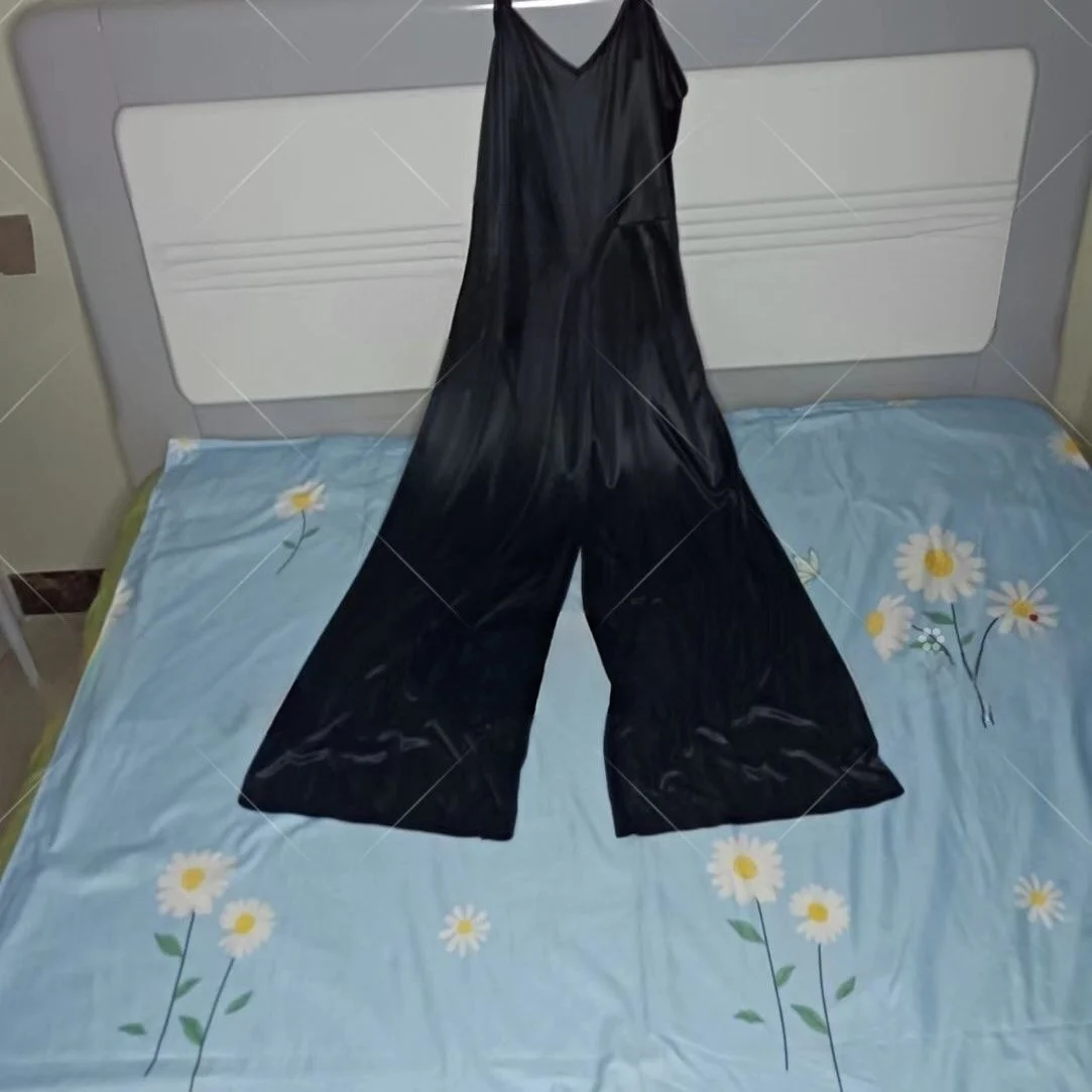 Summer Glossy Jumpsuit Sexy Women Sleeveless Sleeping Loose Wide Leg Pants Beachwear