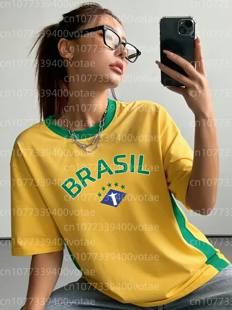

Женская летняя футболка с принтом в стиле BRASIL Design, высококачественная минималистичная повседневная спортивная футболка с короткими рукавами и круглым вырезом, пуловер, топы