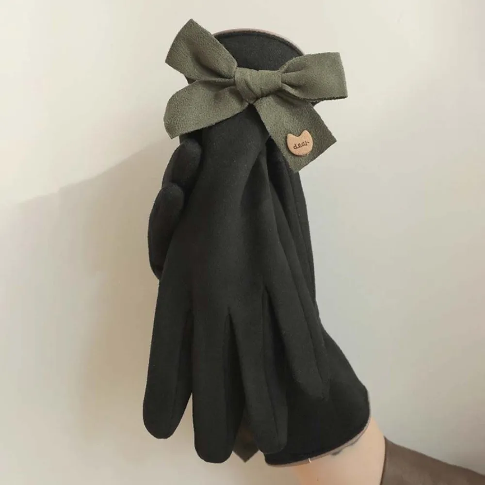 قفازات قطيفة ذات إصبعين بفيونكة ناعمة وسميكة من جلد الغزال بألوان متباينة من البوليستر للنساء قفازات مضادة للبرد للشتاء #4