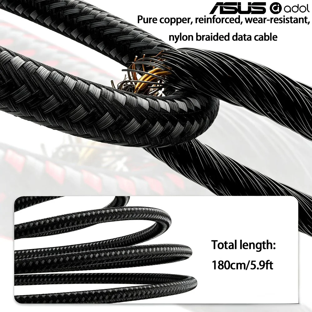 ASUS 90-Grad-USB-C-zu-Typ-C-Kabel 60W PD Schnellladung Nylon-Geflecht 1,8M Datenkabel für Telefon, Tablet, Spielkonsole – Detail 6