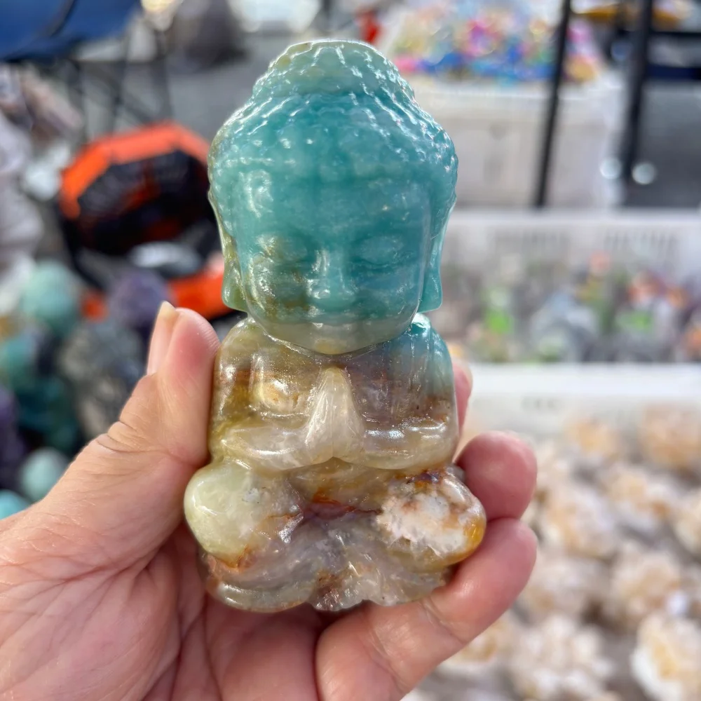 12cm Natural Amazonite Baby Buddha Statue Crystal Little Buddha Figurine Reiki Healing Stone Home Meditation Altar Decor Gift