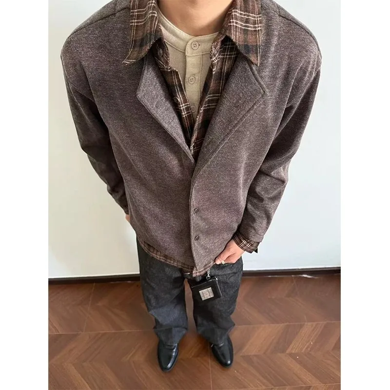 

Men's Long Sve Knitted irt Collar Patchwork Fake Two-Piece Open Cardigan Outerwear Trendy Autumn Winter Polyester Fiber