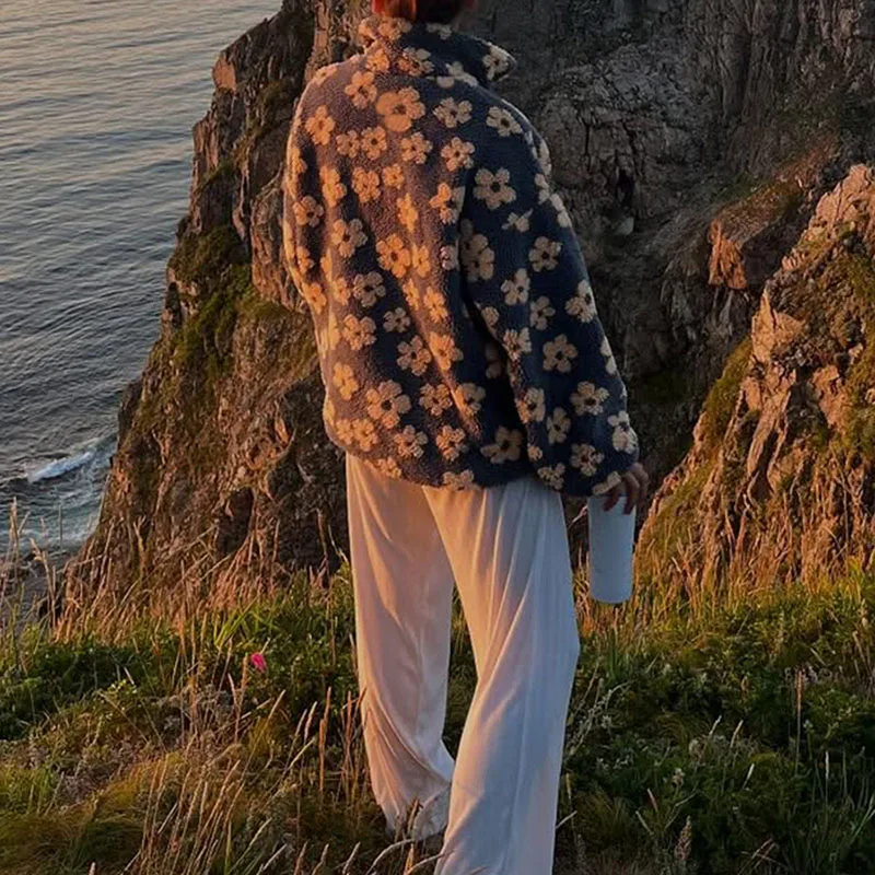 Top caldi da donna con cerniera autunnale per il tempo libero colletto alla coreana pullover stampati floreali nuove felpe da pendolare larghe a maniche lunghe invernali