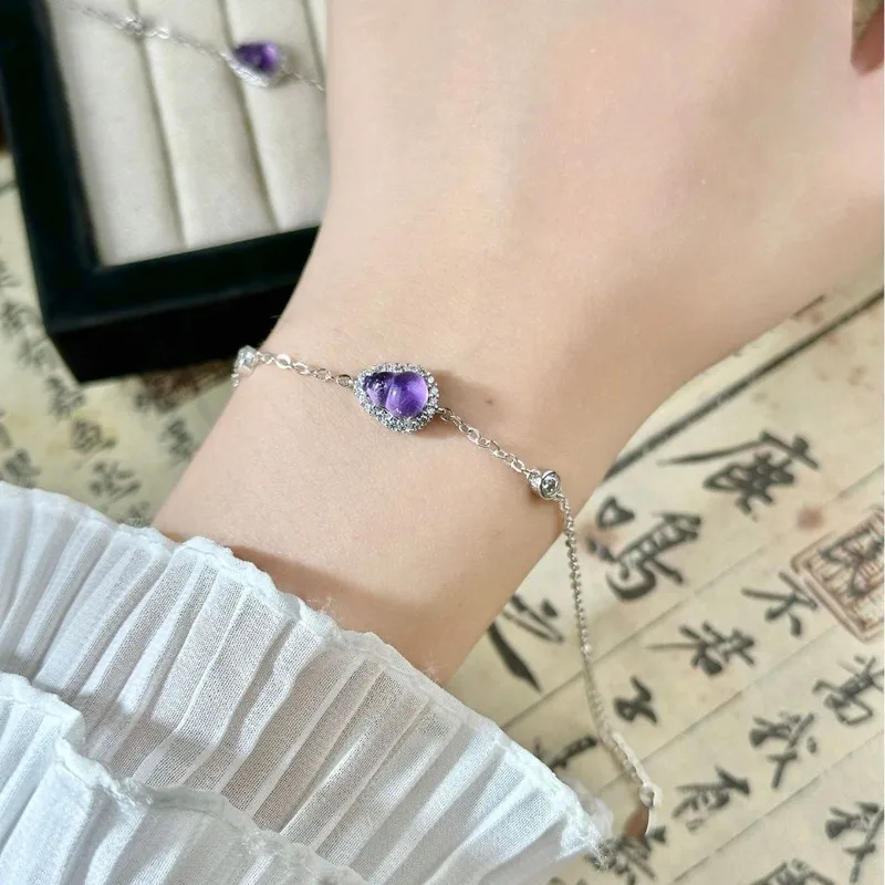 Fashionable Elegant Shiny Gourd-Shaped Natural Amethyst And Jade Inlaid Bracelet Women 3