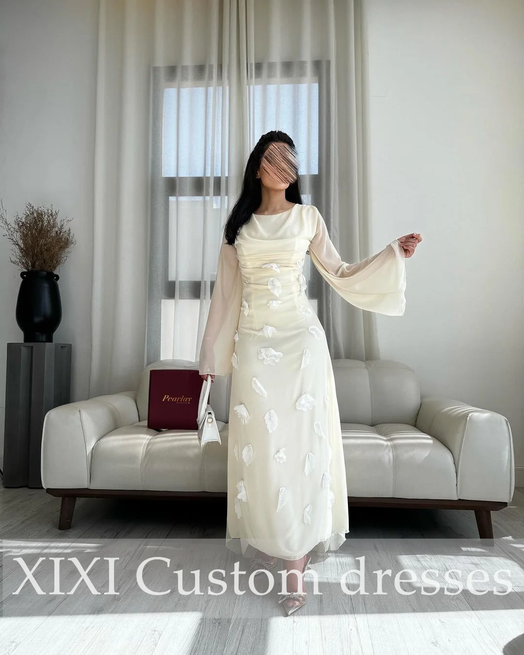 

XIXI فساتين سهرة Column Square Neckline Long Sleeves Hand-Made Flowers Zipper Up Formal Occasion Dresses Wedding Party Dress