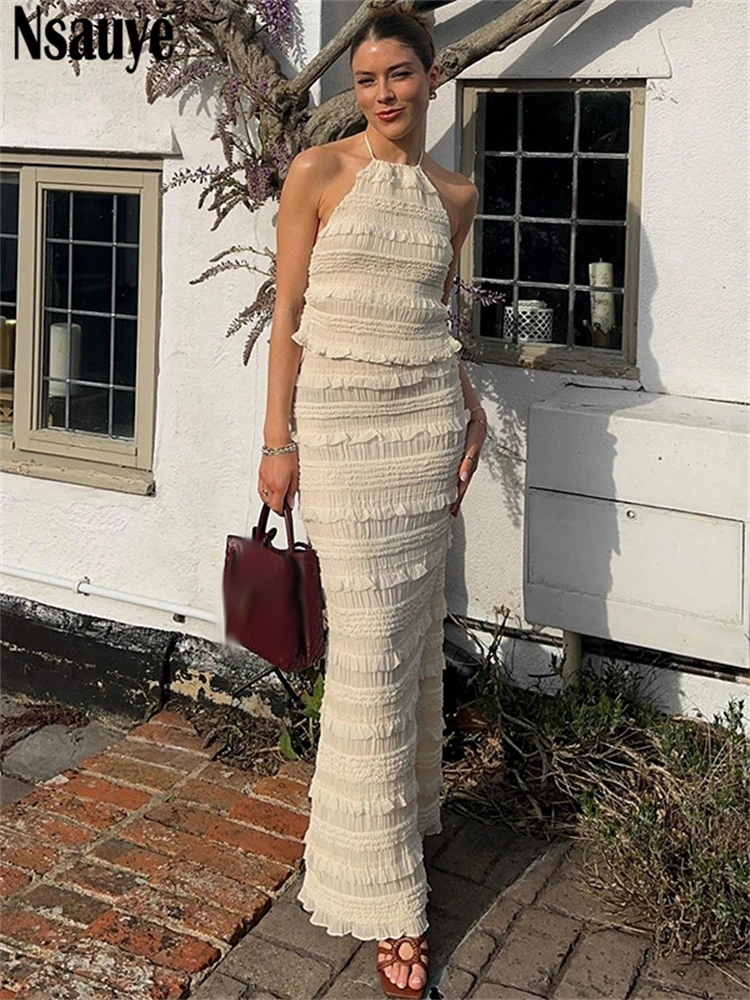 

Nsauye Summer Elegant Skirt Women New In Matching Two Piece Set 2025 Sexy Halter Beach Skinny Crop Tops Long Skirt Suit 2025