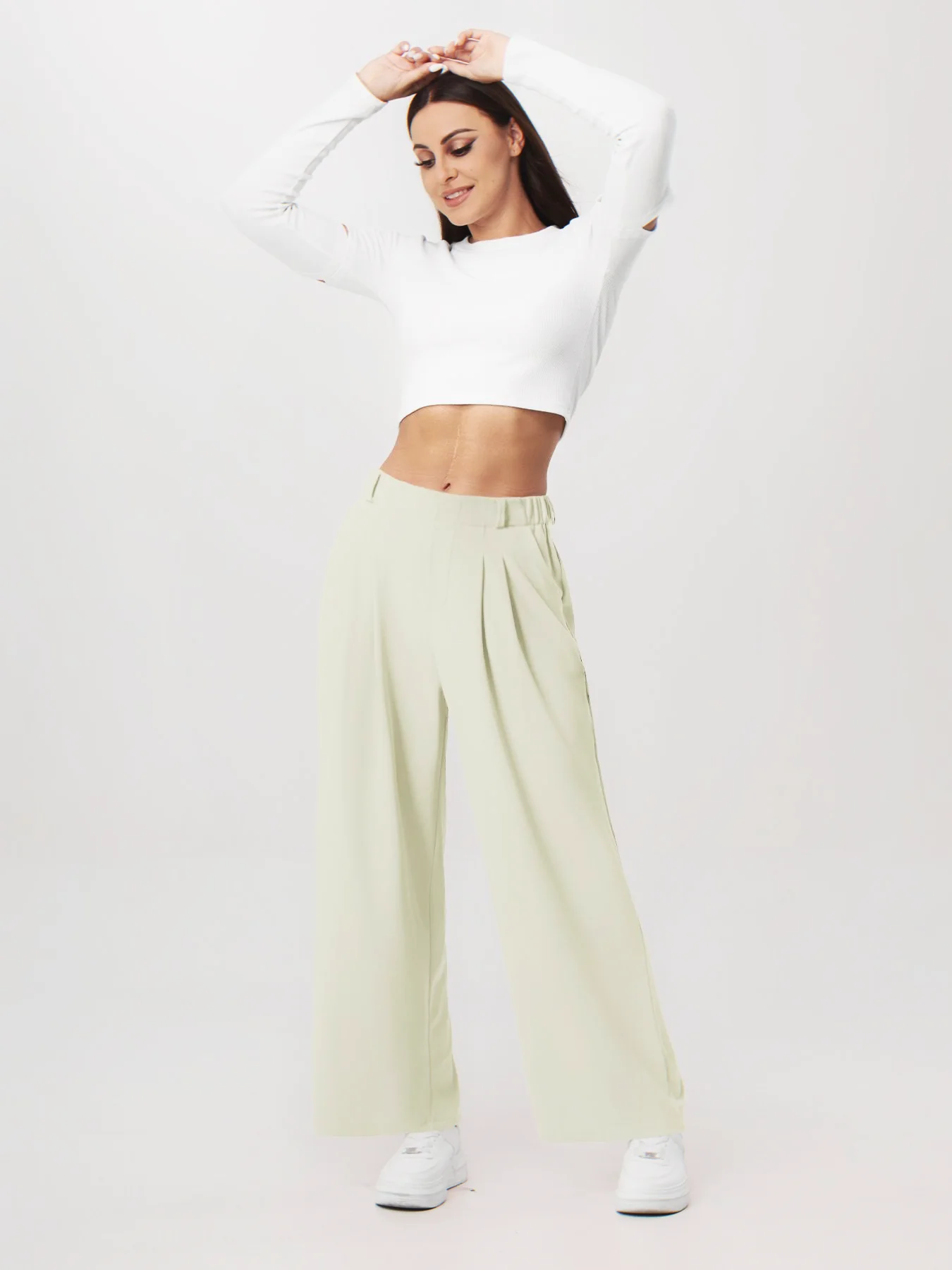 Damenhose, karierte, figurbetonte Hose mit weitem Bein und Taschen, hochtaillierte, lässige, figurbetonte Hose mit weitem Bein für Damen. – Detail 11