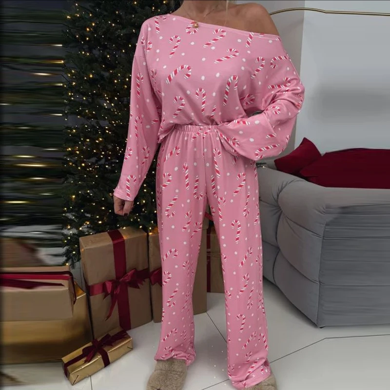 2024 Christmas Pattern Printed Women's Two Piece Fashion Slant Collar Long Sleeve Top and Pants Suits New Year Nightgown Outfit