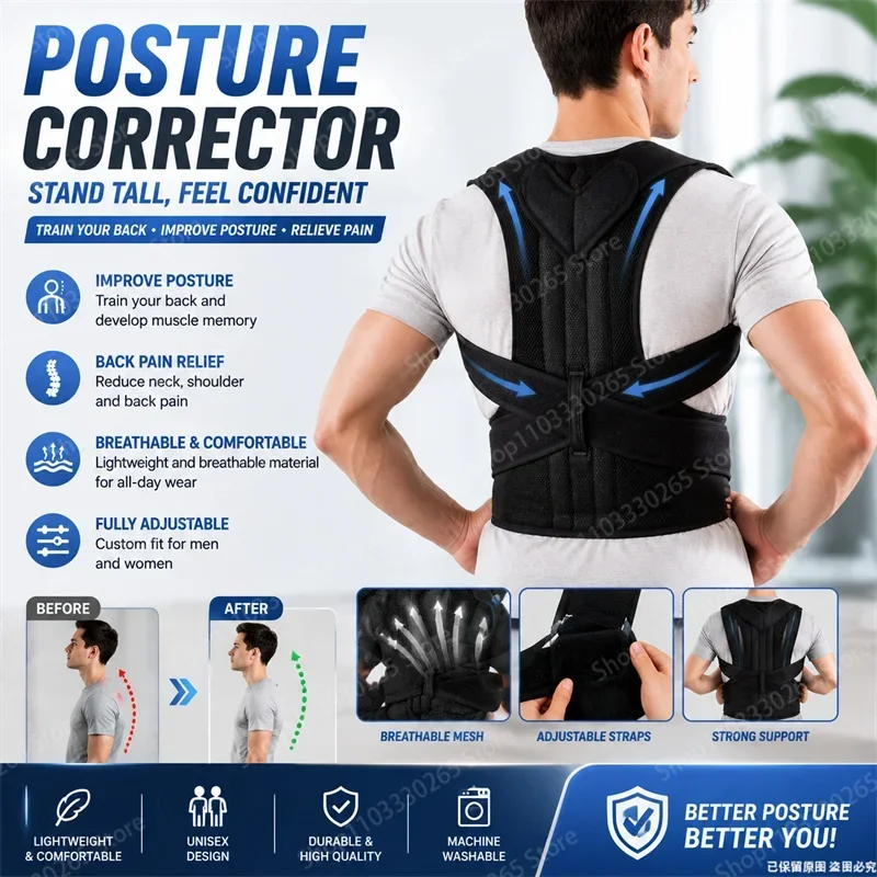 Unisex Mesh Posture Corrector Back Brace Fully Adjustable Spine Support Belt For Neck Shoulder Back Pain Relief Daily Use