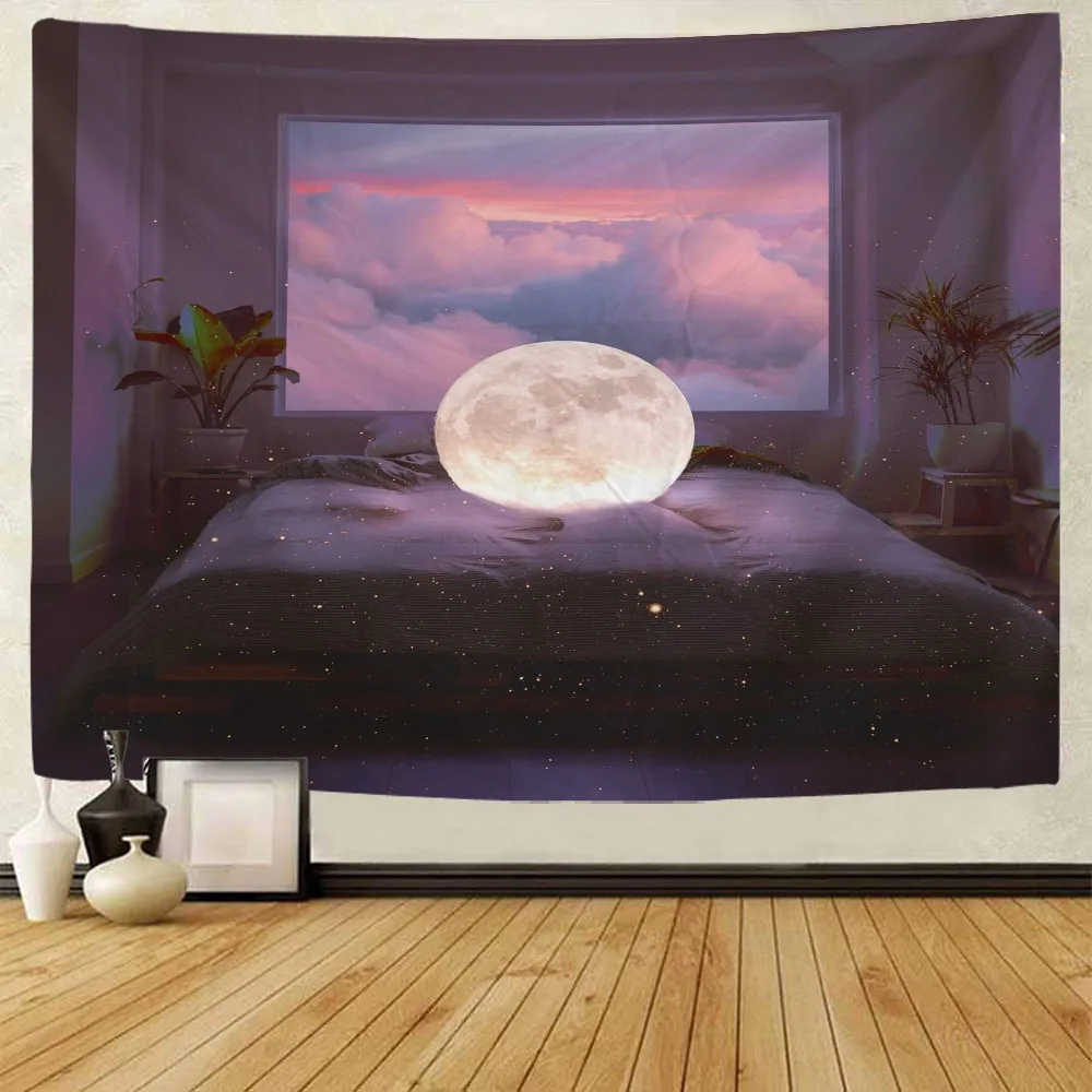 Dream Cloud Sky Moon Wall Hanging Tapestry Art Deco Blanket Curtain Hanging at Home Bedroom Living Room Decoration