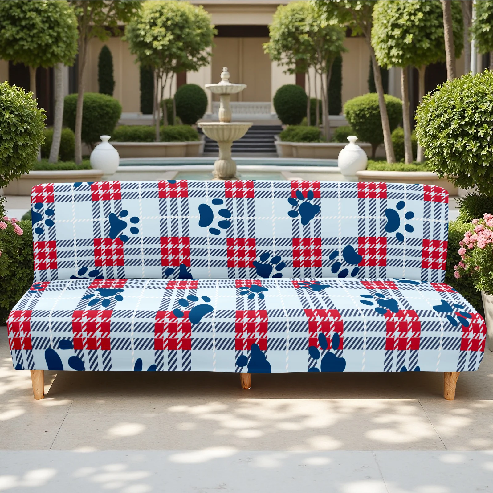 Paw Print Plaid Summer Outdoor Futon Cover, Pet - Friendly Elastic Sofa Bed Cover, Washable & Non - Slip