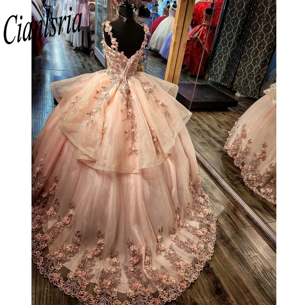 فساتين أميرة Quinceanera الأميرة ثلاثية الأبعاد الزهور الكرة ثوب عيد ميلاد تول الدانتيل متابعة الحلو 16 فساتين vestidos de 15