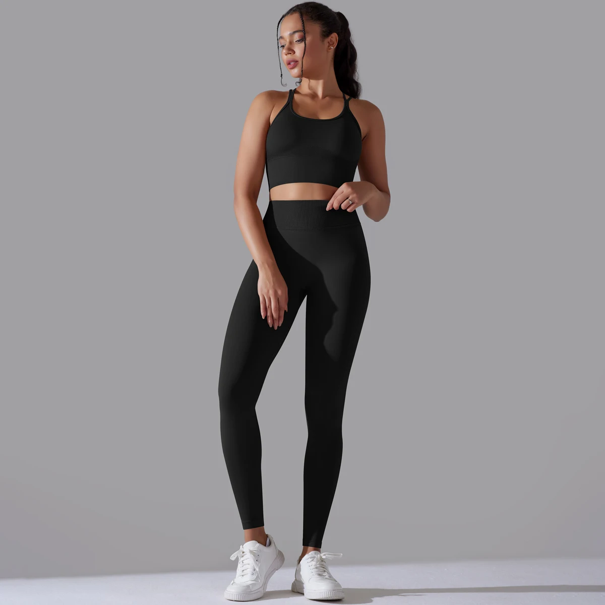 Gebürstetes Yoga-Set für Damen, 2-teilig, Workout, Sportbekleidung, überkreuzter Rücken, Sport-BH, hohe Taille, Leggings, Fitnessstudio, Kleidung, Sportanzüge – Detail 20