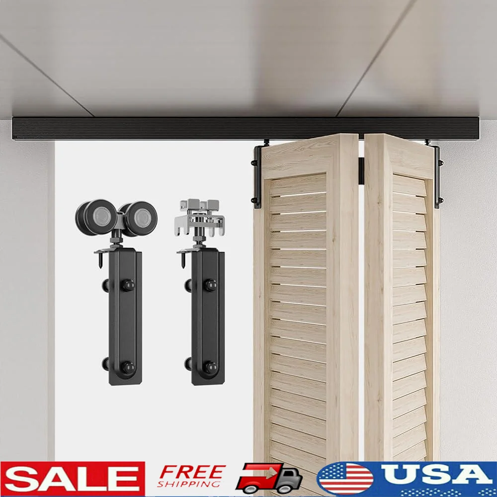 

Ceiling Mount Bi-Fold Barn Door Hardware Kit Heavy Duty Aluminium Sliding Track System with Silent Rollers Complete Installation