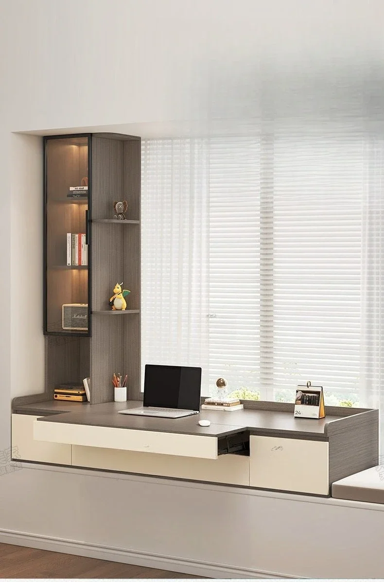 bay window cabinet desk integrated pull-out countertop table simple window sill cabinet sun protection drawer custom balcony