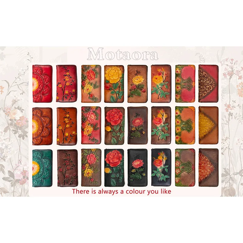 Women's RFID Blocking Wallet Genuine Cowhide Leather Handmade Embossing Vintage Long Clutch Purse with Wristlet & Card Slots NEW