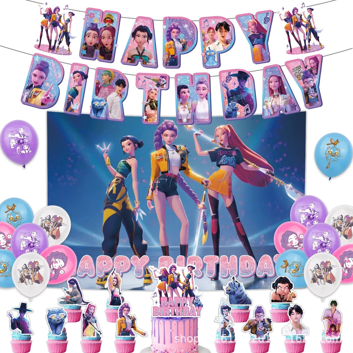 Hot KPop Girl Demon Hunters Birthday Decorations Purple Gold Balloon Banner Backdrop Cake Topper Baby Shower Party Supplies