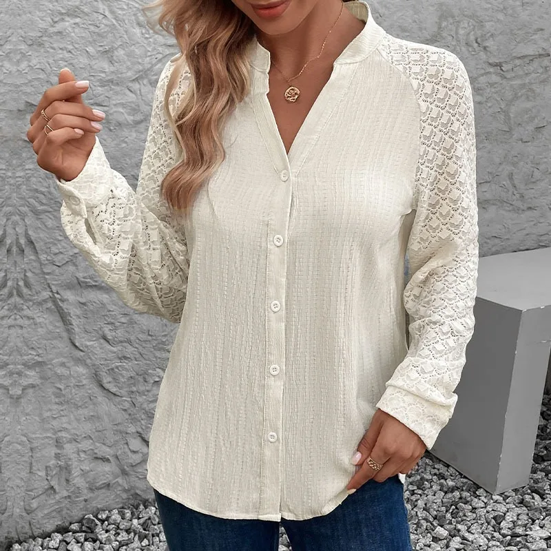 New European American Spring Autumn Commuter Casual Cardigan Stand Collar Pleated Lace Solid Color Shirt for Women Blouses
