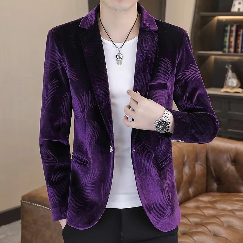 T205  Men Luxury Gold Velvet Suit Jacket Blue / Khaki / Purple Male Trend Wedding Prom Party Slim Fit Dress Blazers Coats