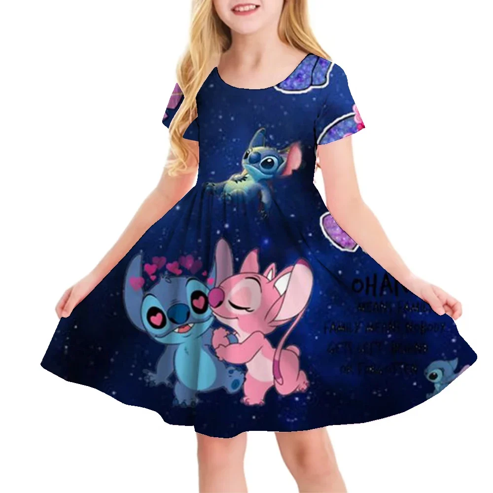 

Summer New Children's Clothing 3d Printed Romantic Stitch Cute Girl Short-Sleeved Dress 3-14 Years Old Kids Performance Clothing