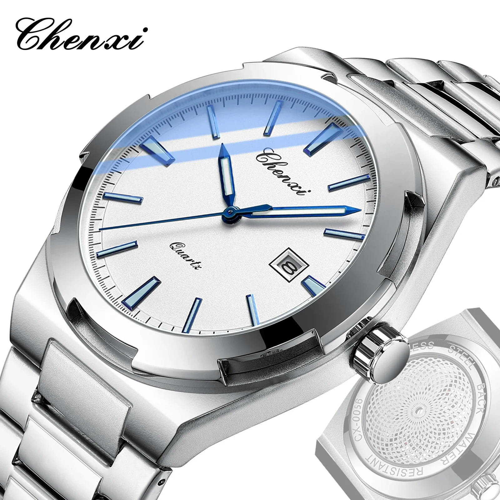 Chenxi 0056 Brand High Quality Relogio Masculino transparent Men Quartz Watches Fashion Calendar Stainless Steel Watch For Men