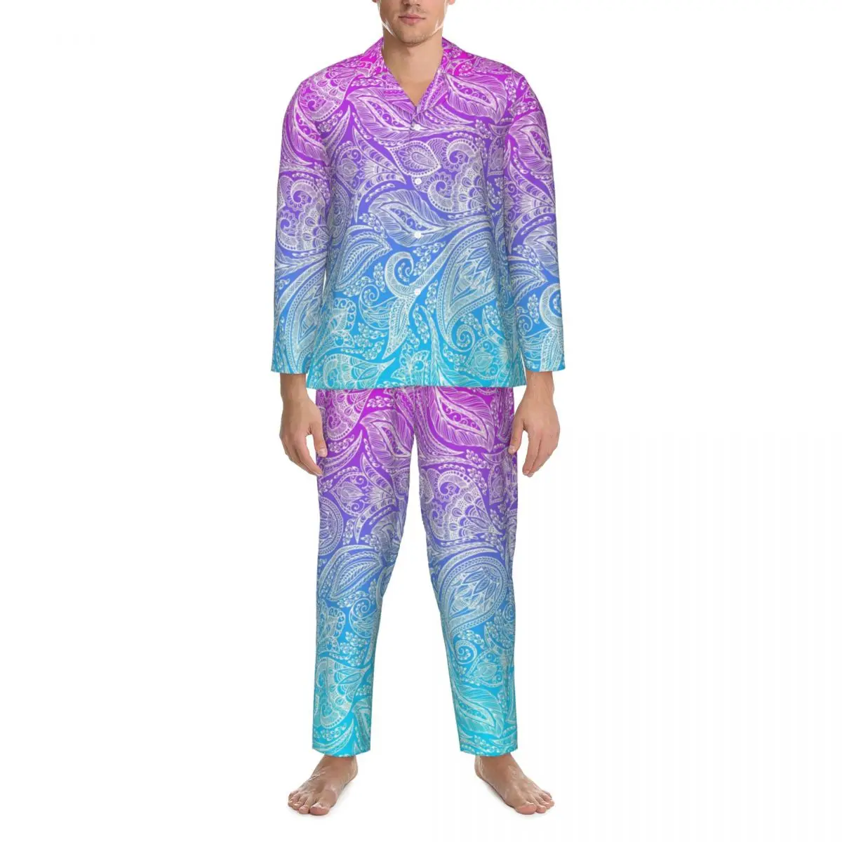 

Pink To Blue Ombre Pajama Sets Autumn White Floral Paisley Fashion Home Sleepwear Male Casual Loose Oversized Design Home Suit