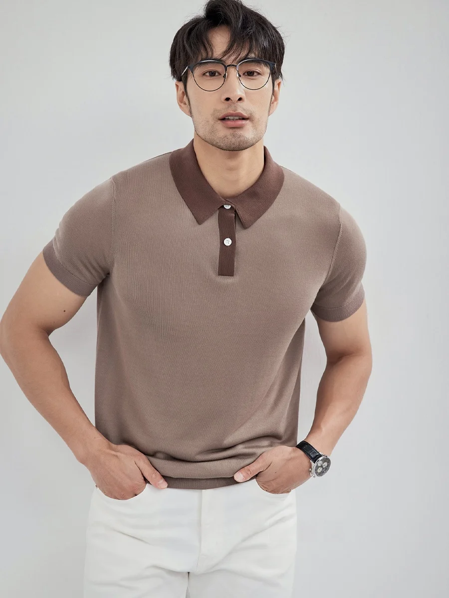 

Busin Casual Men's ort Sve irt Qui Dry Knitted T-irt Color Blo Collar Summer Faion Brand