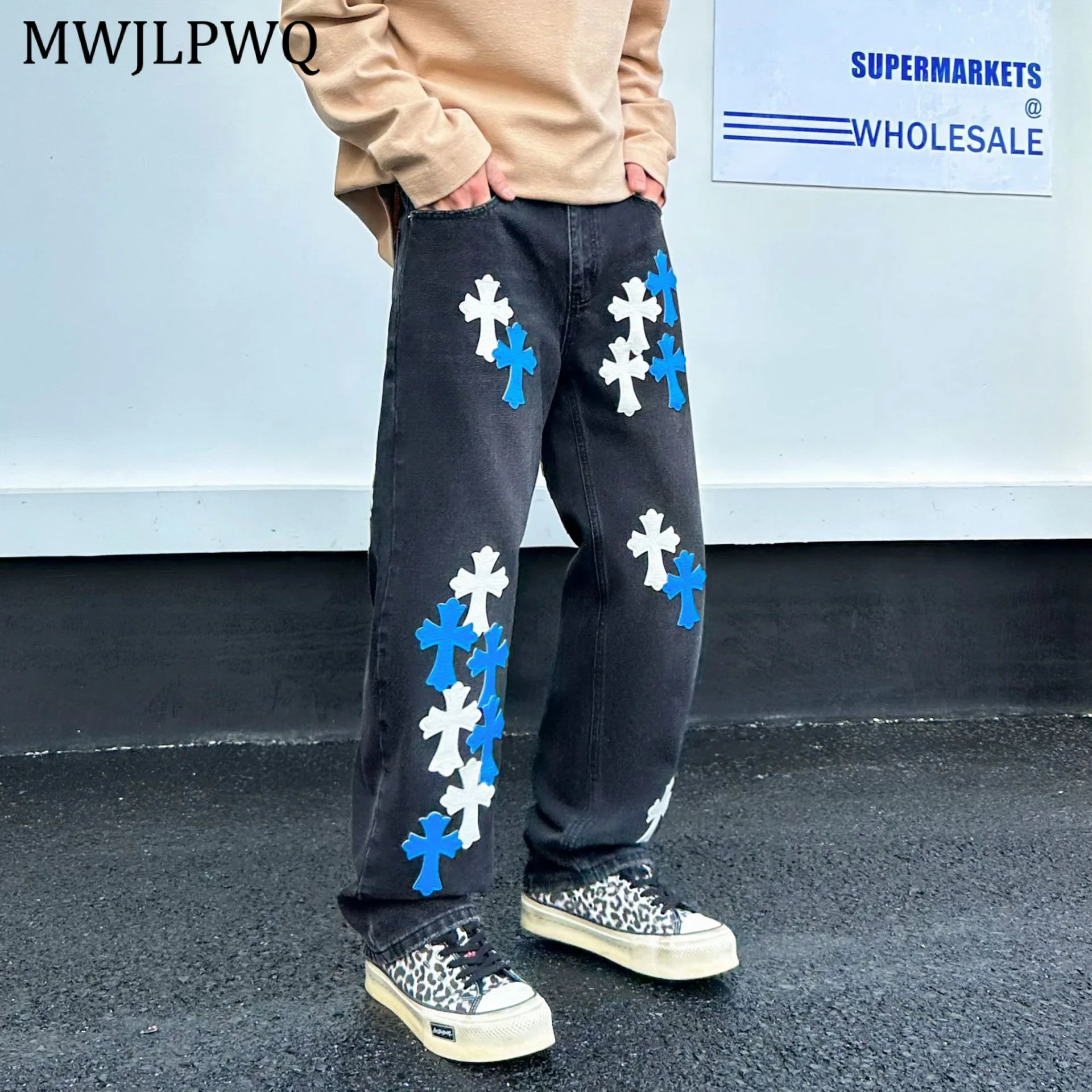 

MWJLPWQ мужские джинсы из сращенной кожи, мужские джинсы в американском стиле, модный дизайн, свободные прямые повседневные брюки, осень 2025 Tide 11388