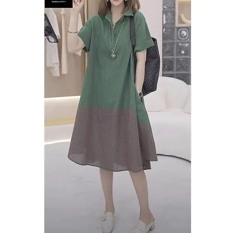 

Women's Clothing Contrast Color Patchwork Elegant Shirts Dresses Summer Trendy Short Sleeve Casual Oversized Midi Dress Vestidos